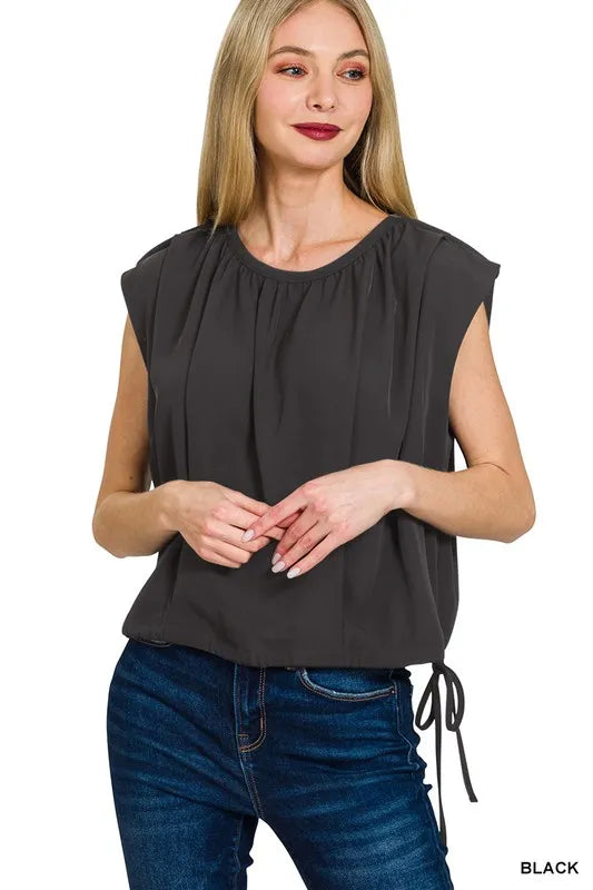 Zenana Woven Drawstring Tie Side Sleeveless Top