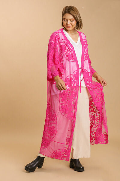 Umgee Full Size Floral Lace Open Front Long Kimono with Waist Tie Plus Size