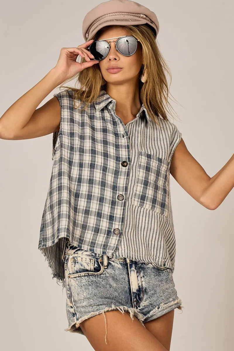 BiBi Vintage Plaid Sleeveless Shirt