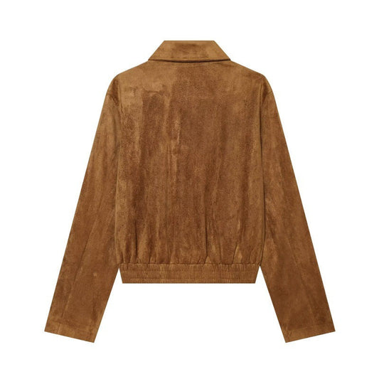 A brown suede jacket shown from the back, featuring a classic collar and long sleeves, photographed against a solid white background.