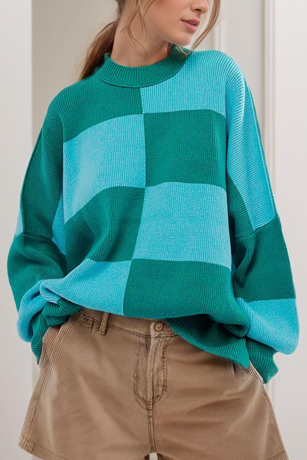 Color Block Round Neck Long Sleeve Sweater Turquoise