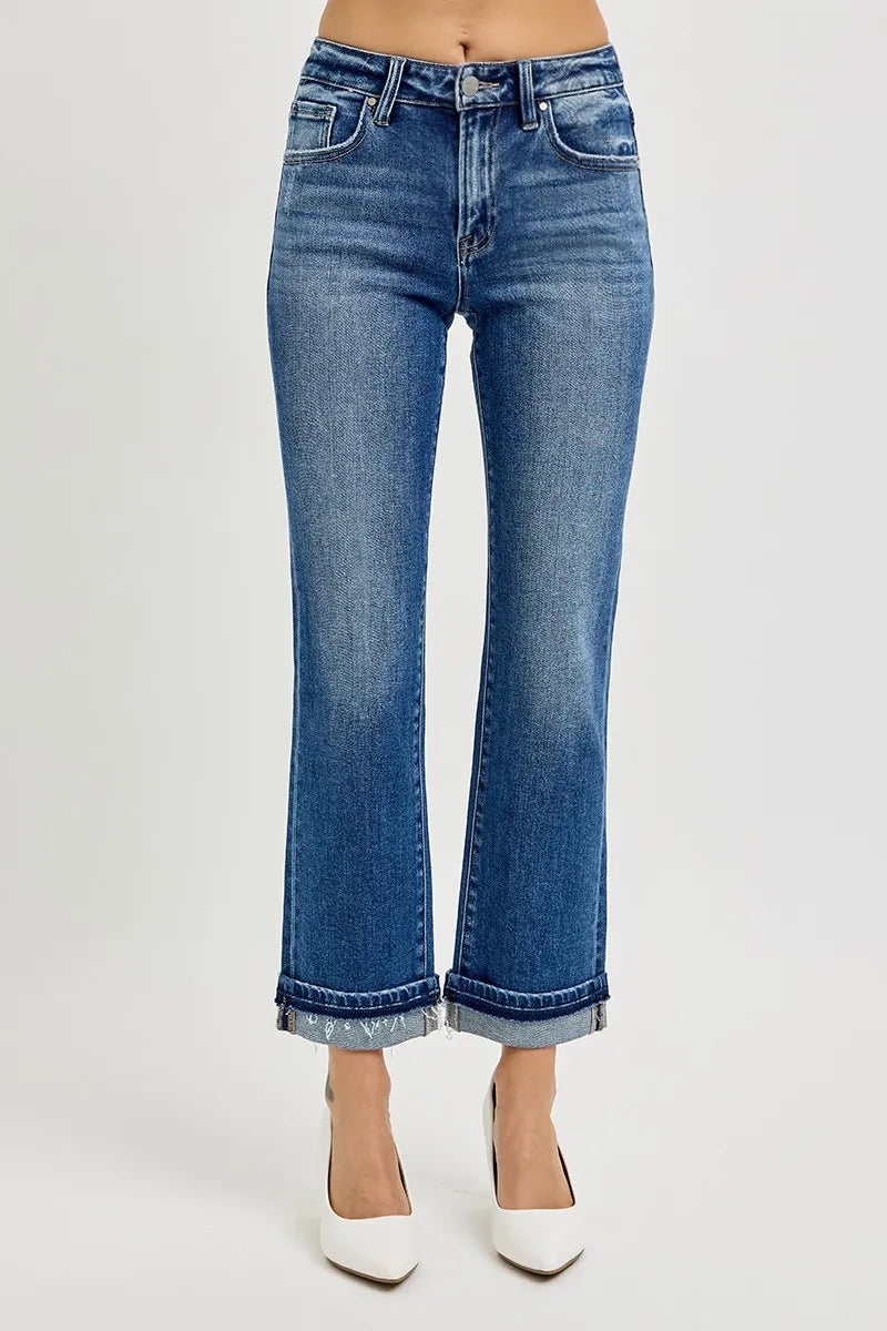 RISEN Mid Rise Ankle Straight Cuffed Jeans DARK