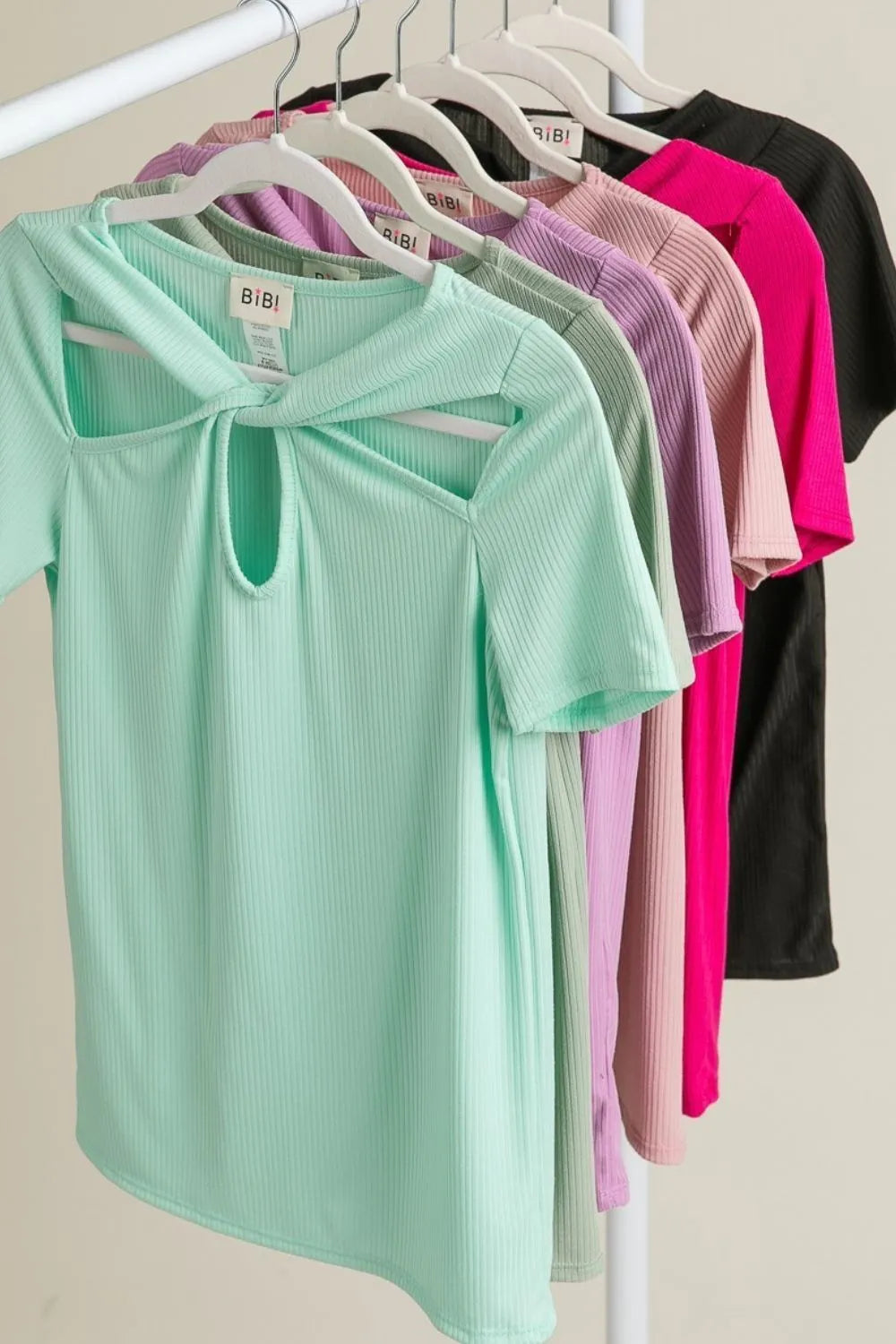BiBi Rib Knit with Cut Out and Front Twist Detailed Top MINT