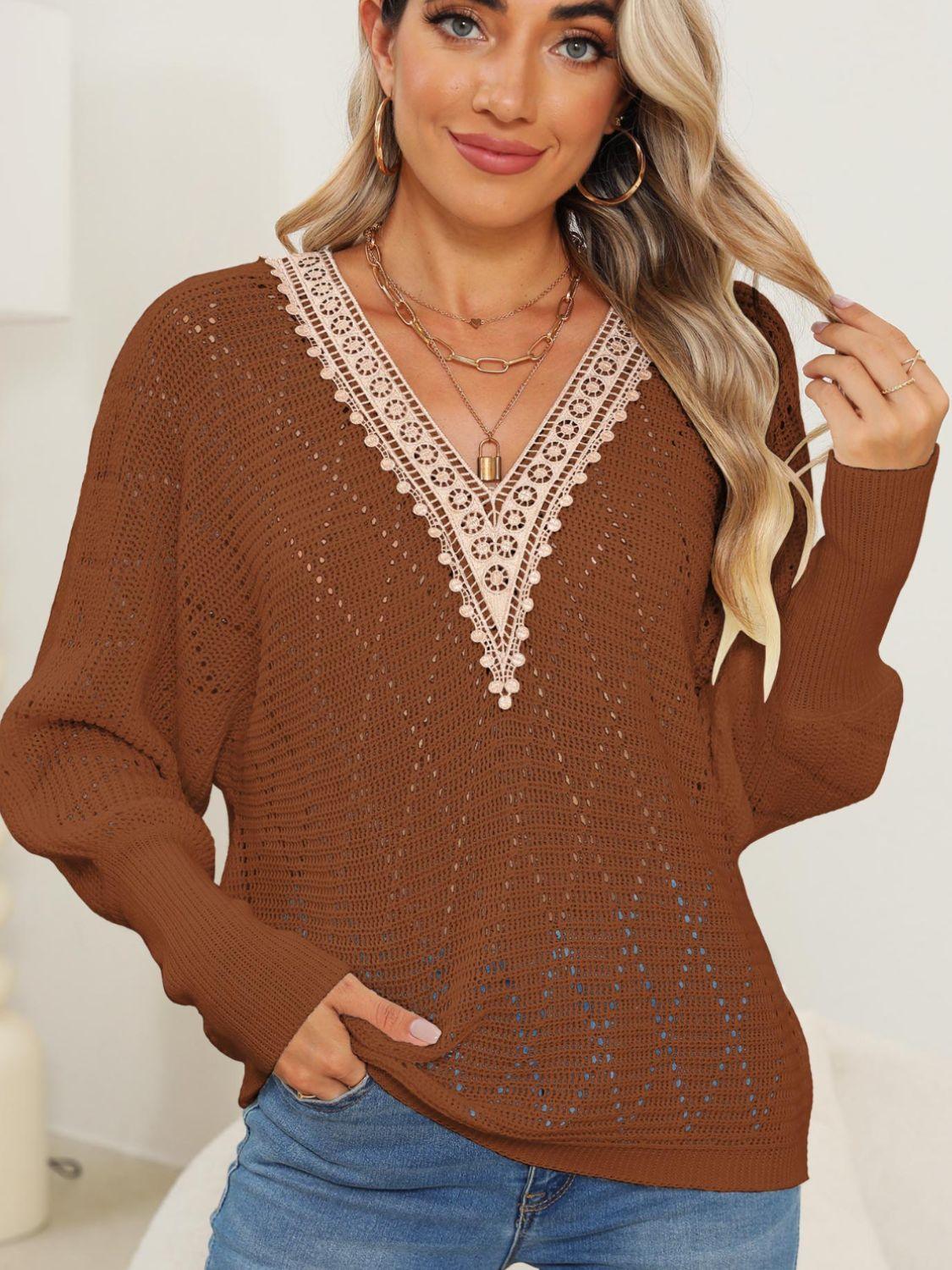 Lace Detail V-Neck Long Sleeve Sweater Brown