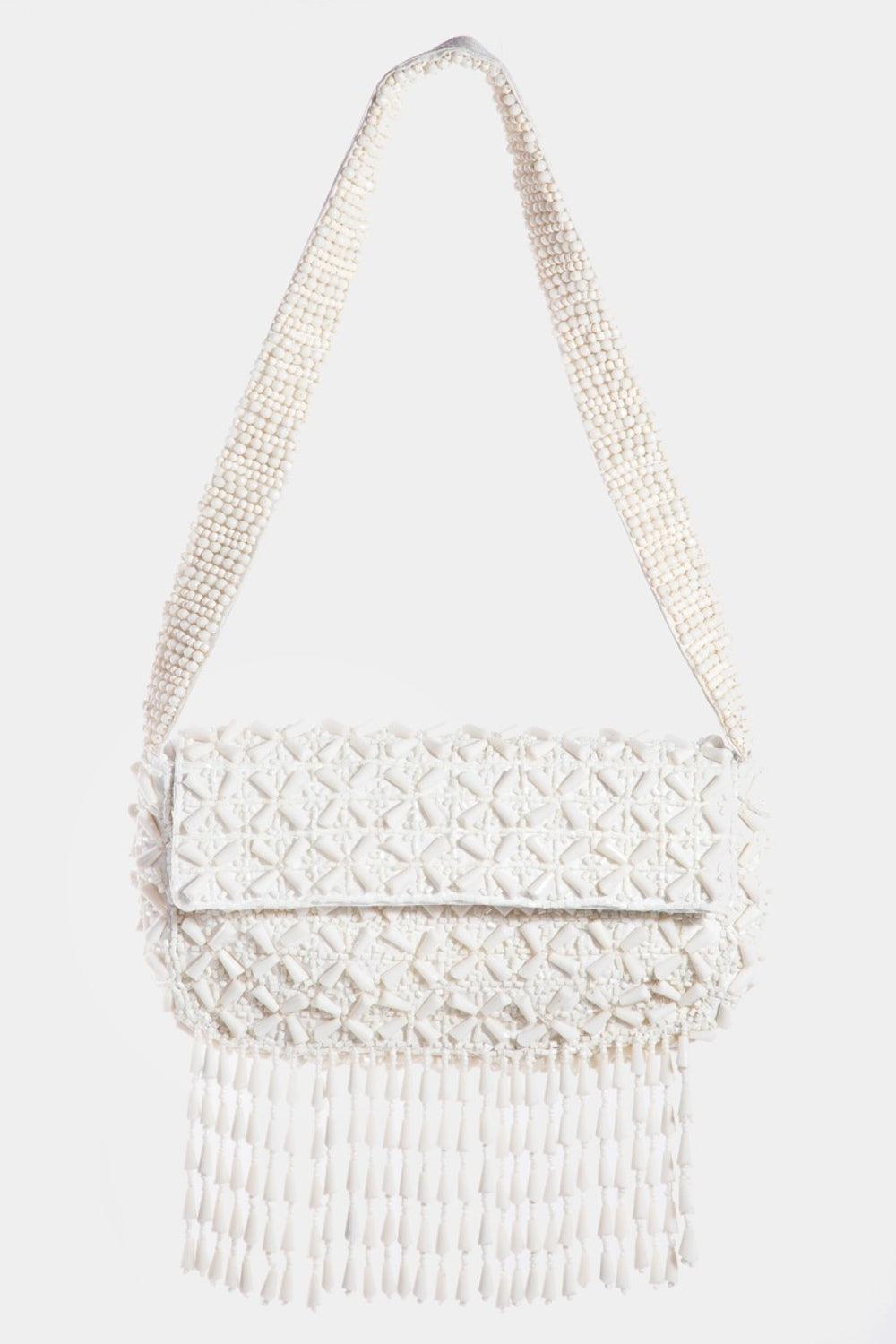 Fame Beaded Fringe Rectangle Shoulder Bag Cream One Size