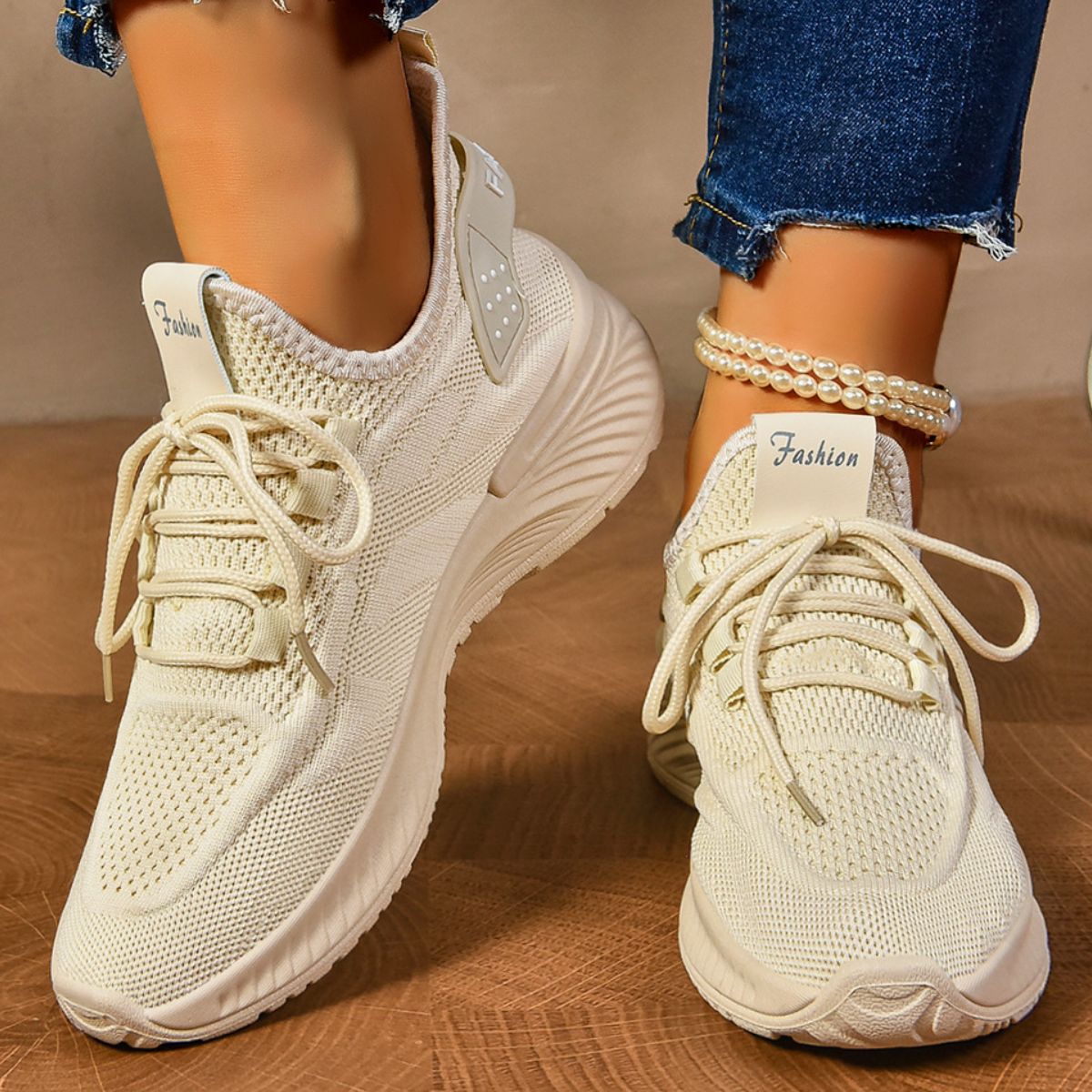 Round Toe Mesh Platform Athletic Beige