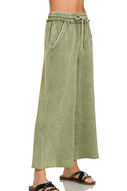 Zenana Washed French Terry Palazzo With Pockets