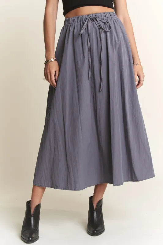 ADORA Drawstring Waist Crinkle Maxi Skirt GREY