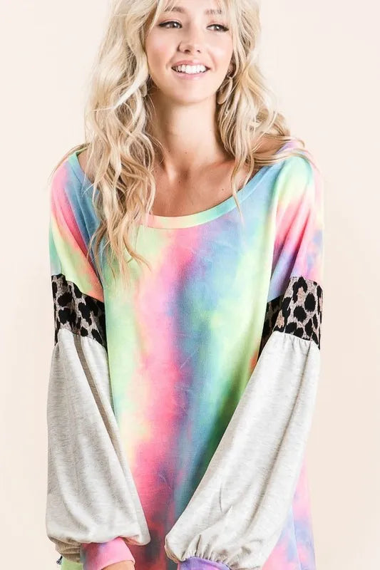BiBi Tie Dye Terry Top with Contrast Puff Sleeves