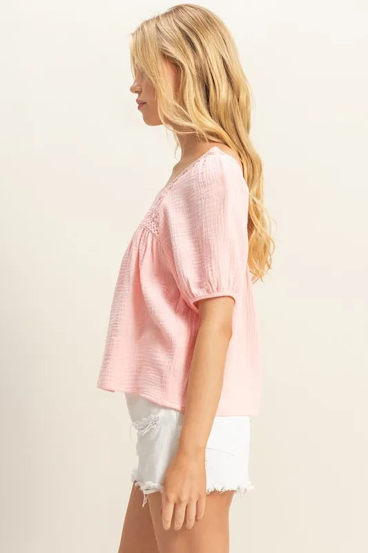 HYFVE Crochet Detail Puff Sleeve Peasant Top