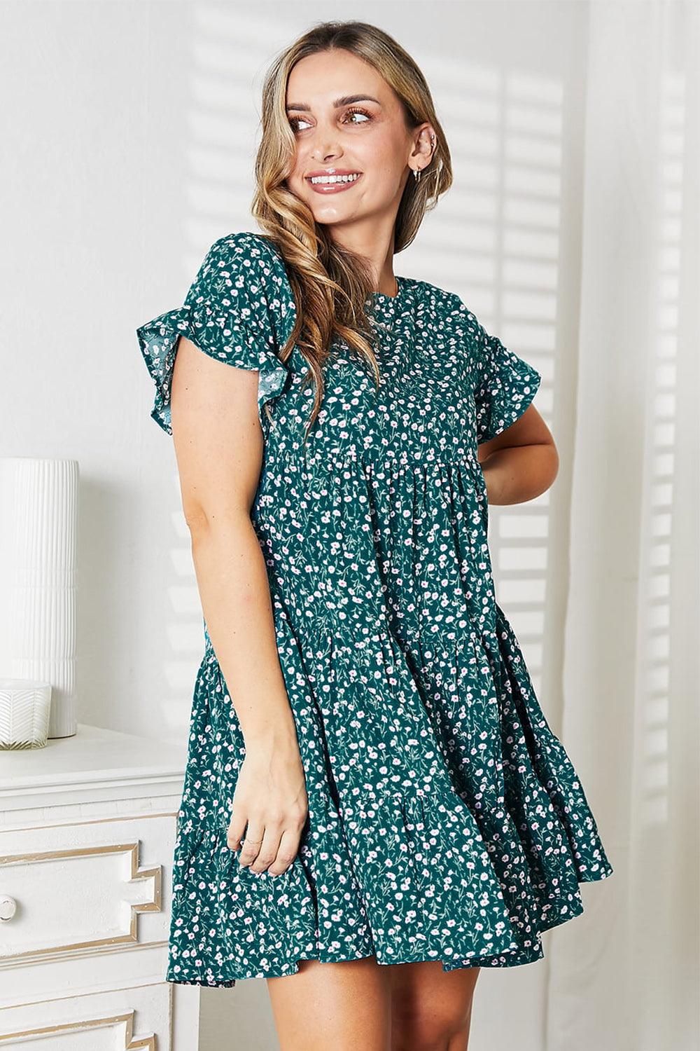 Double Take Short Flounce Sleeve Tiered Dress Green