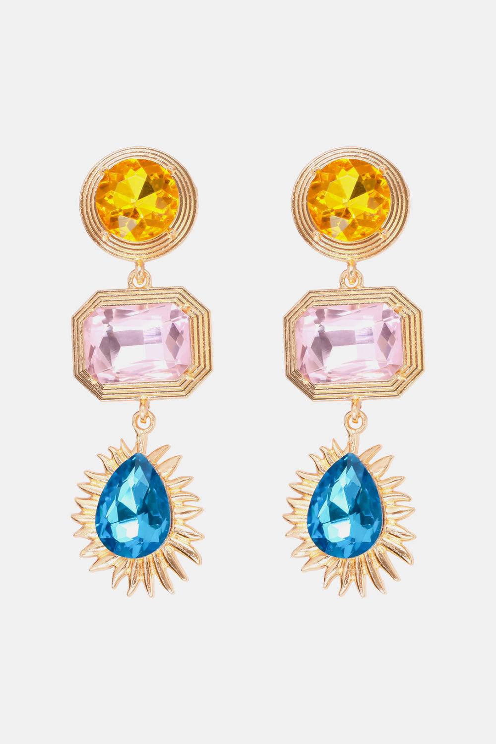 Geometrical Shape Zinc Alloy Frame Glass Dangle Earrings Multicolor One Size