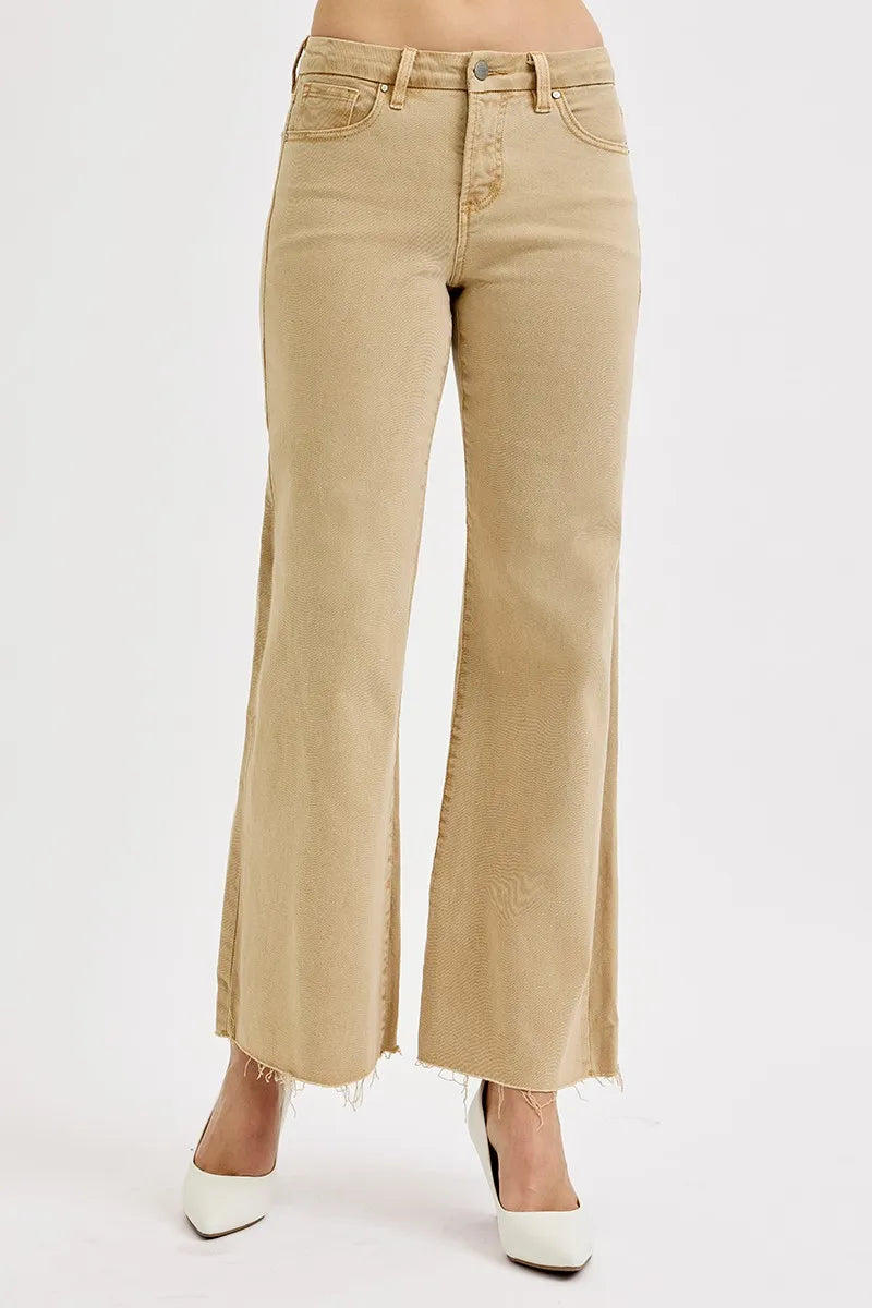 RISEN Full Size Raw Hem Wide Leg Jeans Plus Size Tan