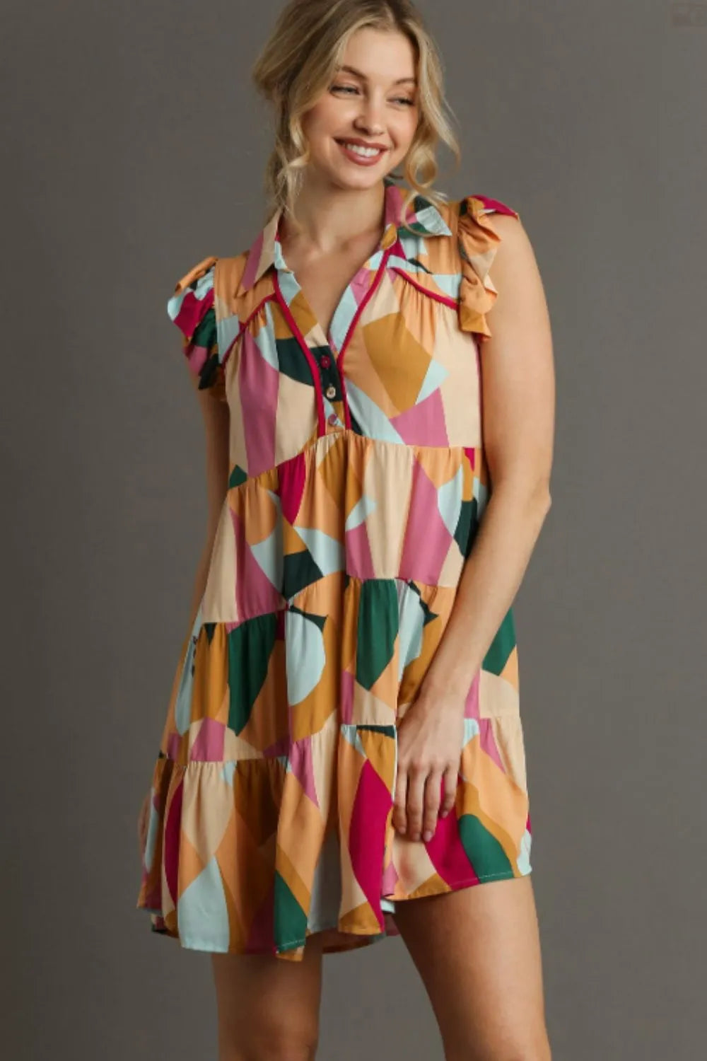 Umgee Full Size Button Detail Ruffle Sleeve Mini Dress Plus Size PEACH FUCHSIA