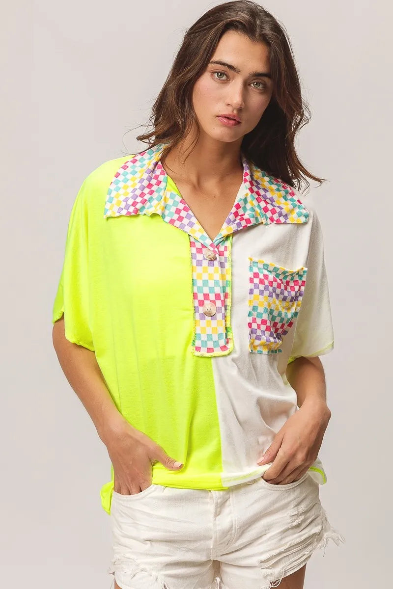 BiBi Color Block Knit with Multi Checker Contrast Top