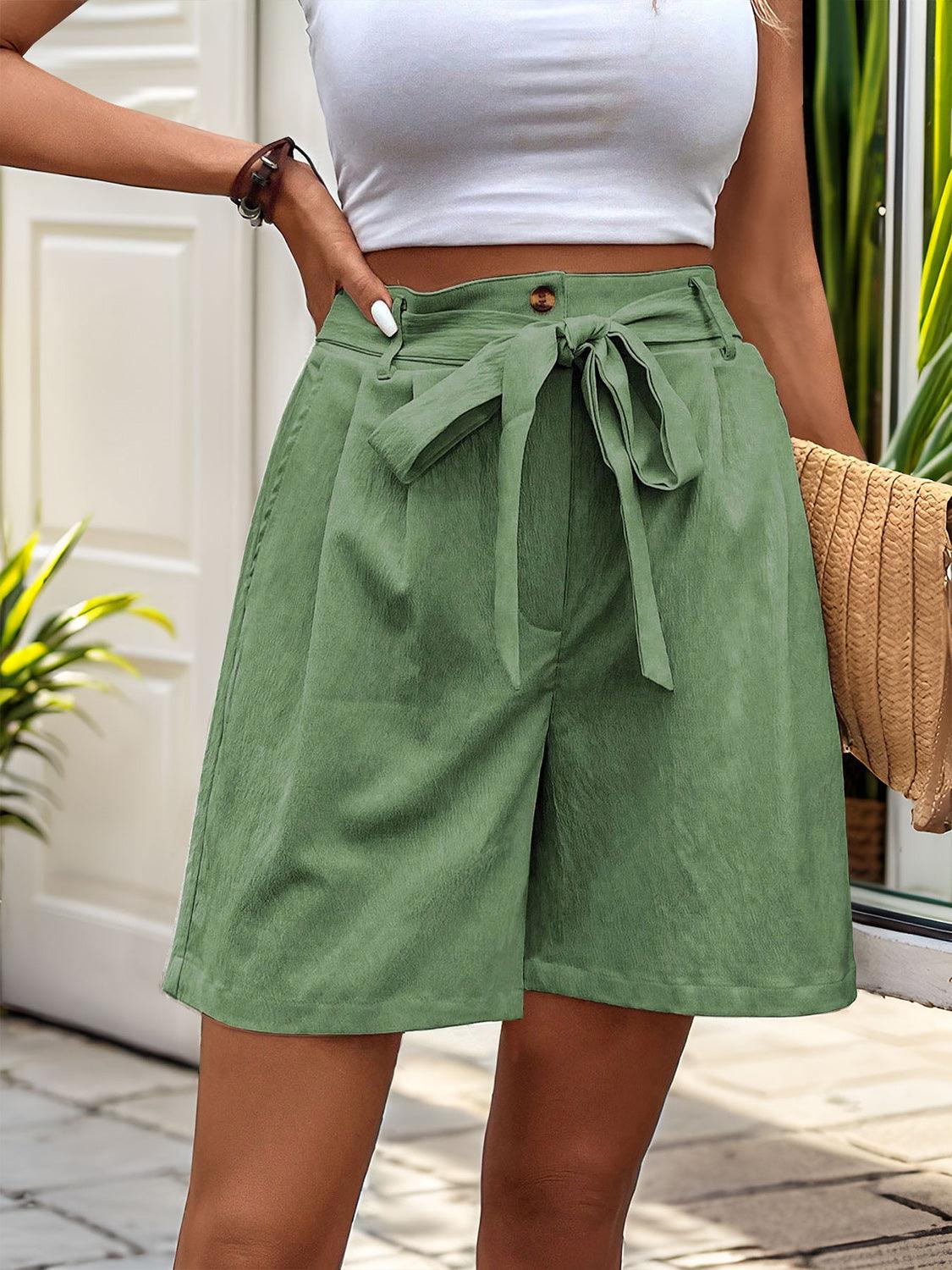 Perfee Tied High Waist Shorts with Pockets Matcha Green