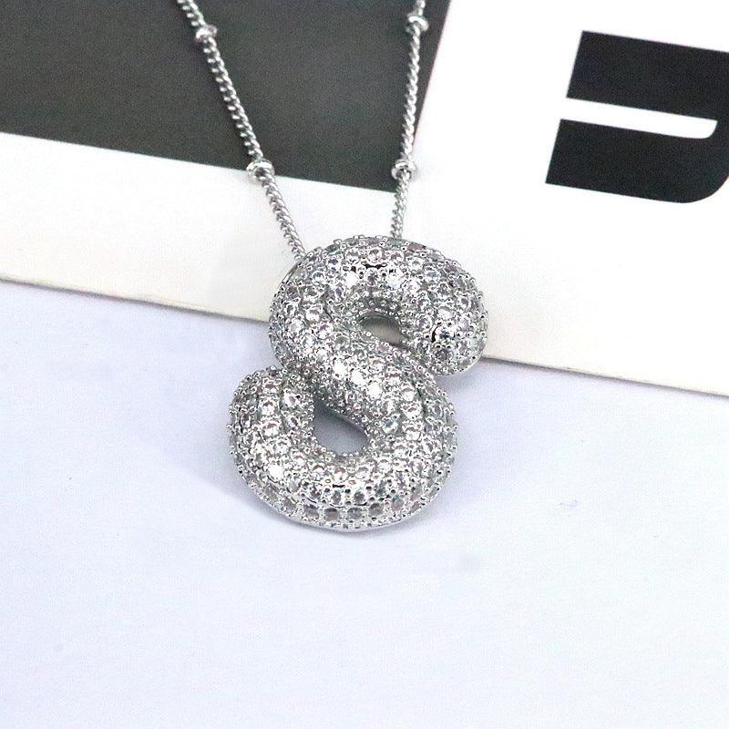 Copper Inlaid Zircon Letter Pendant Necklace Style S One Size