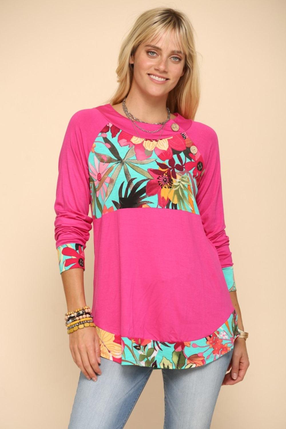 Celeste Full Size Tropical Print Long Sleeve T-Shirt Fuchsia
