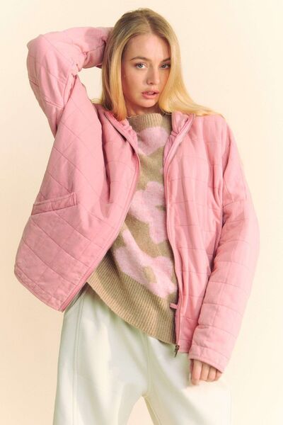 Davi & Dani Quilted Zip Up Dropped Shoulder Jacket Dusty Rose