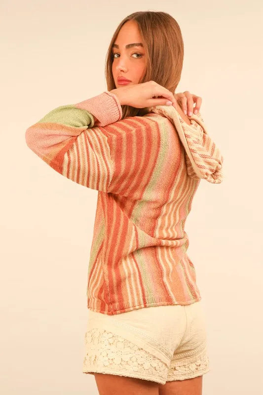 VERY J Multi Color Stripe Long Sleeve Knit Hoodie