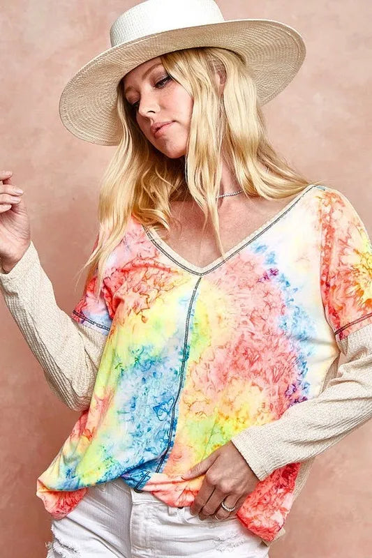 BiBi Print Block V Neck Top with Contrast Stitching