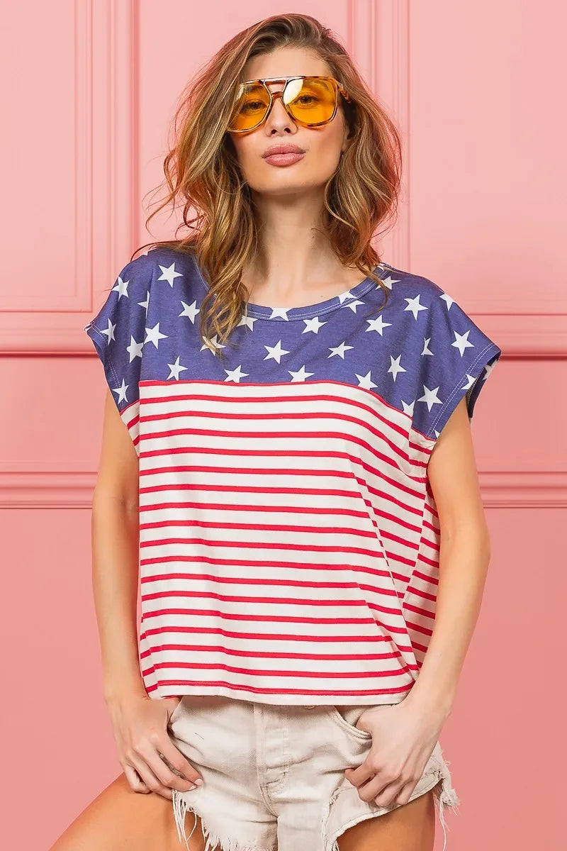 BiBi Star Rpinted with Stripe Combo Top NAVY STAR RED STRIPE