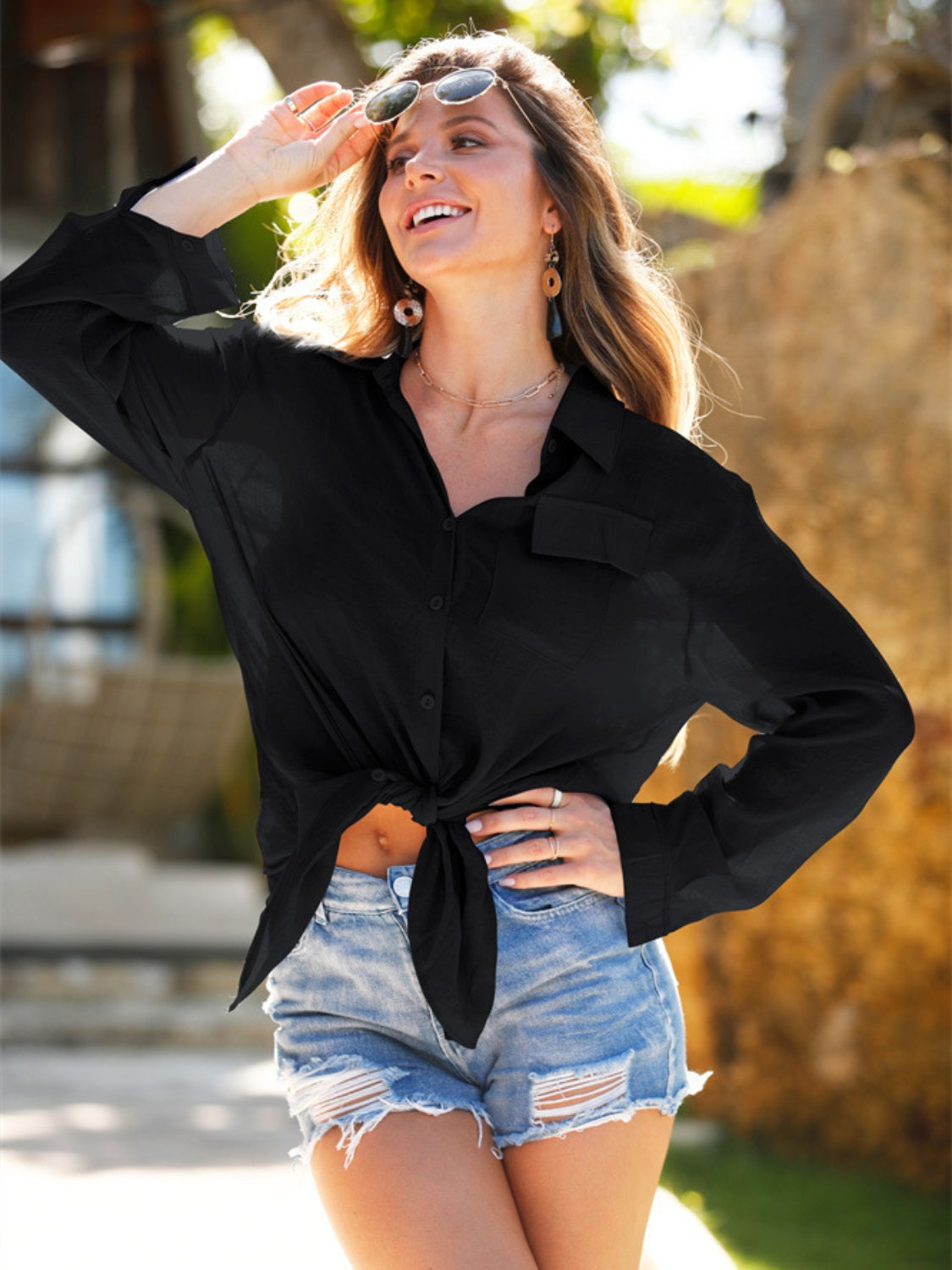 Pocketed Dropped Shoulder Cover Up Black One Size