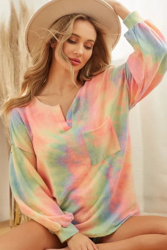 BiBi Brushed Tie Dye French Terry Top with Bubble Sleeves