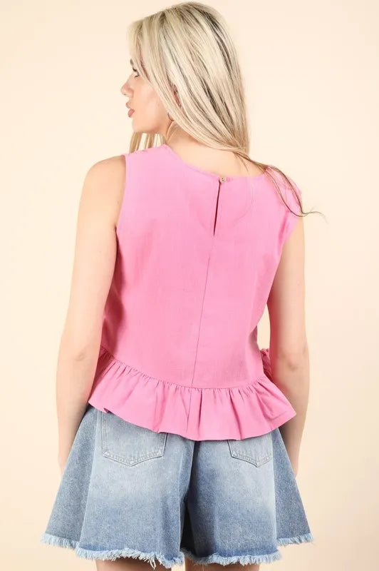 VERY J Side Tie Detail Ruffled Sleeveless Top