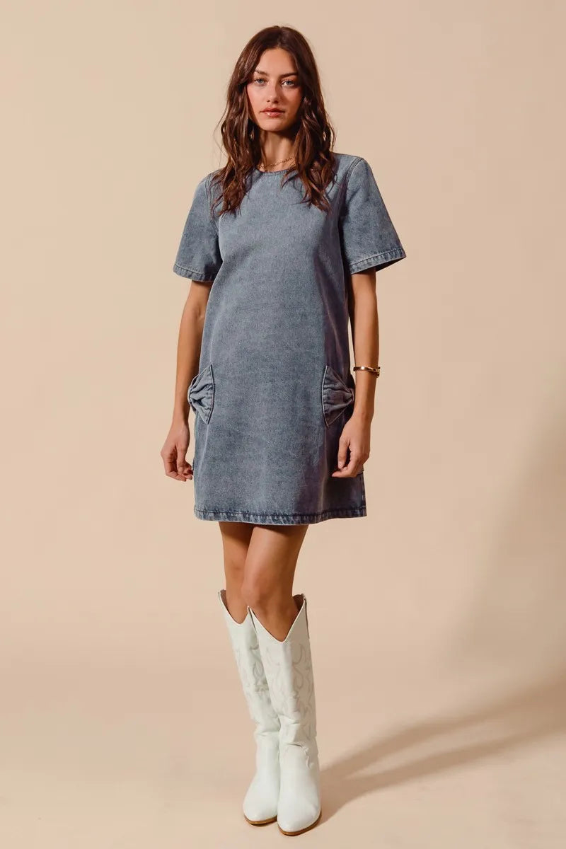 SO ME Bow Ribbon Knot Applique Denim Mini Dress