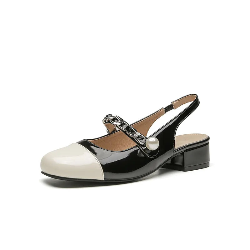 Contrast Round Toe Block Heel Mary Jane Shoes Black