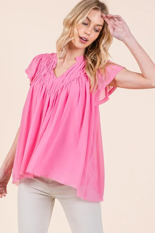 Lime 'N' Chili Solid Shirred Flutter Sleeve Chiffon Blouse