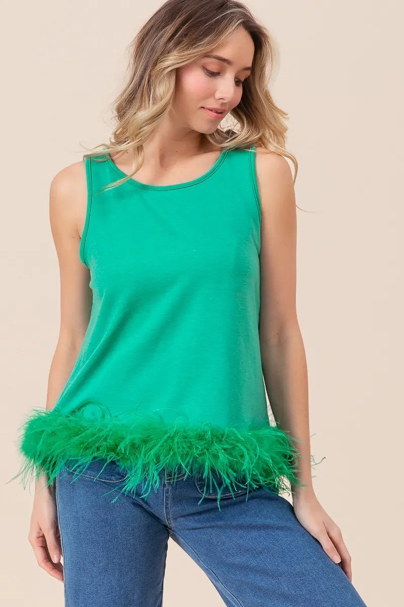 BiBi French Terry Faux Feather Bottom Back Tied Top JADE