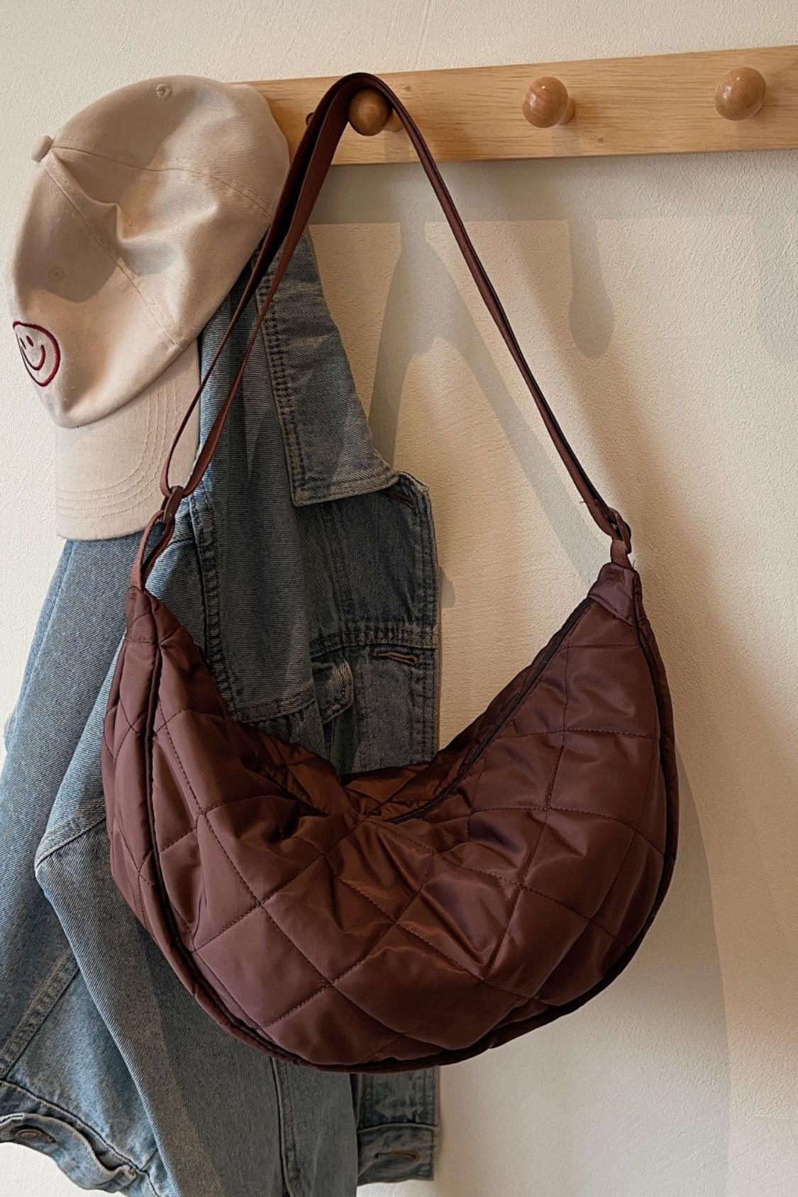 Plaid Quilted Adjustable Strap Crossbody Bag Dark Brown One Size