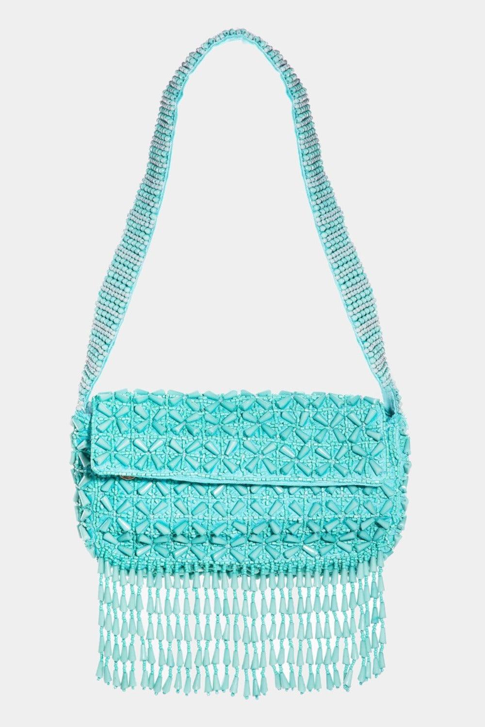 Fame Beaded Fringe Rectangle Shoulder Bag Tiffany Blue One Size