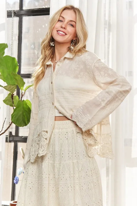 ADORA Crochet Lace Long Sleeves Button Down Shirt