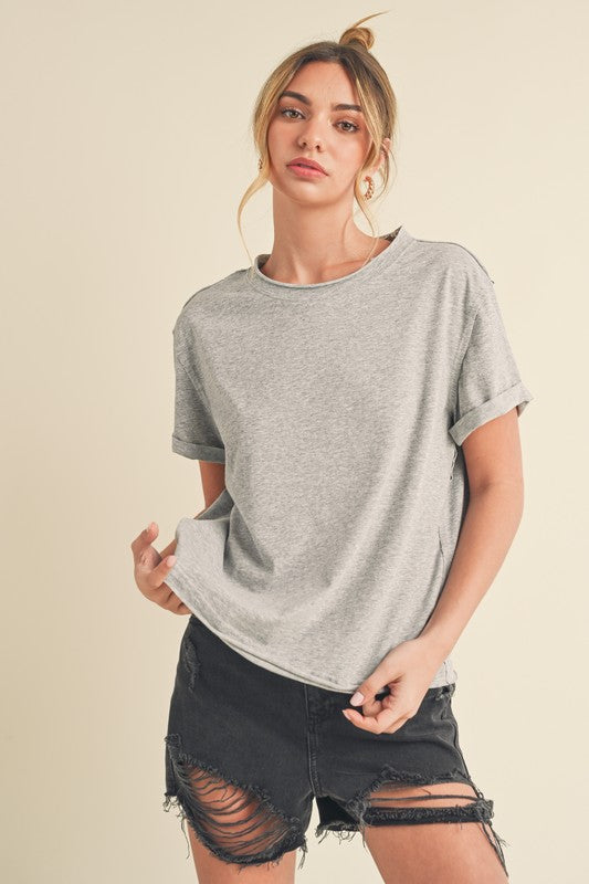Aemi + Co Exposed Seam Round Neck Short Sleeve T-Shirt Gray
