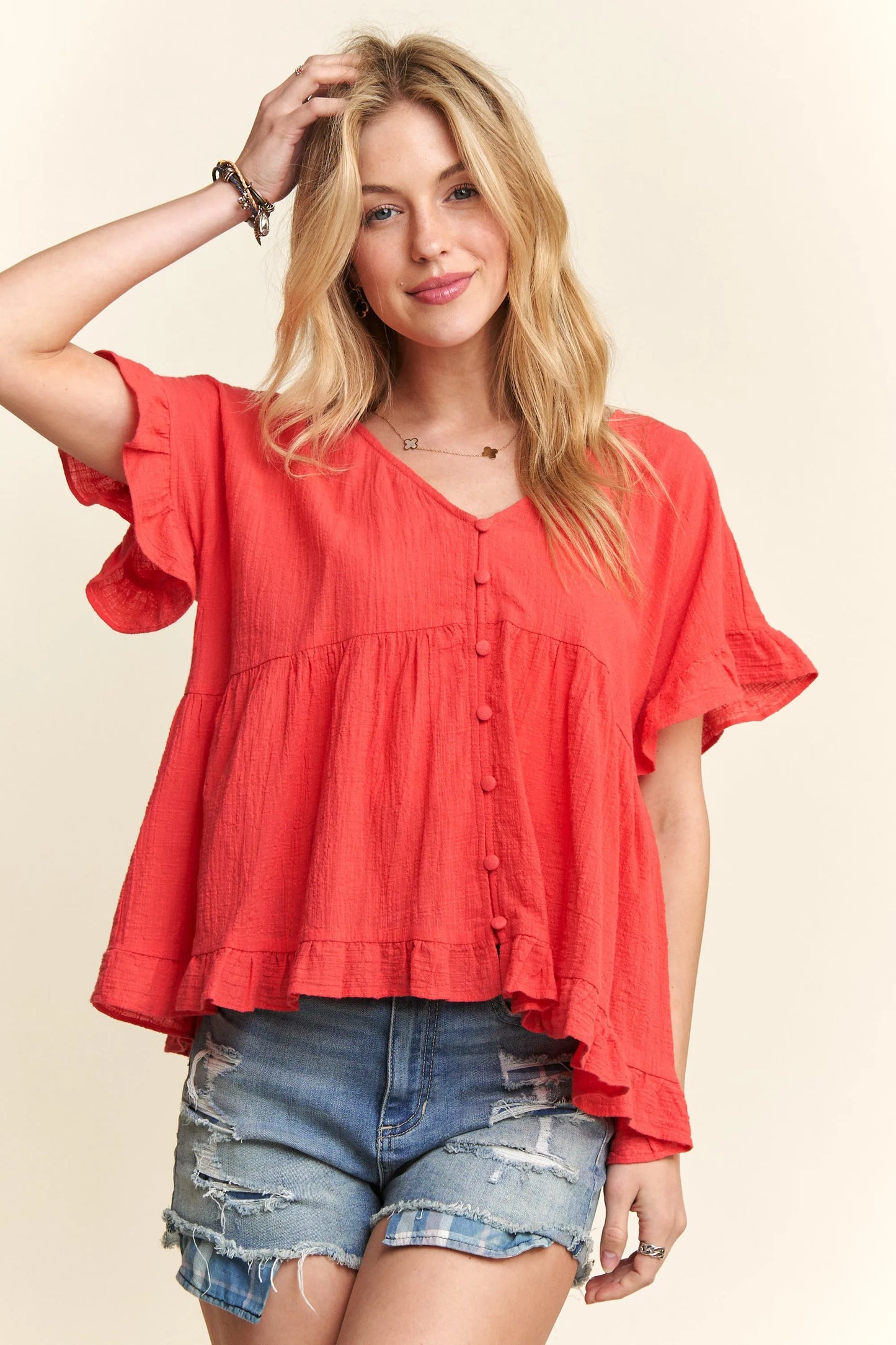 ADORA Button Down Ruffled Babydoll Blouse