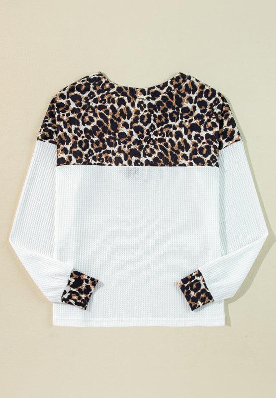 Waffle-Knit Leopard V-Neck Long Sleeve Blouse