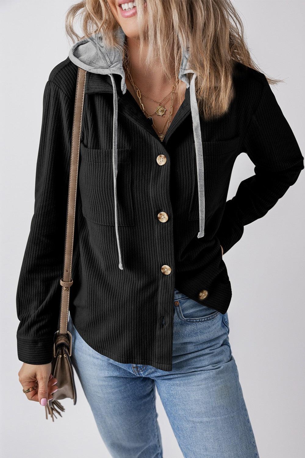 Drawstring Button Up Long Sleeve Hooded Jacket Black