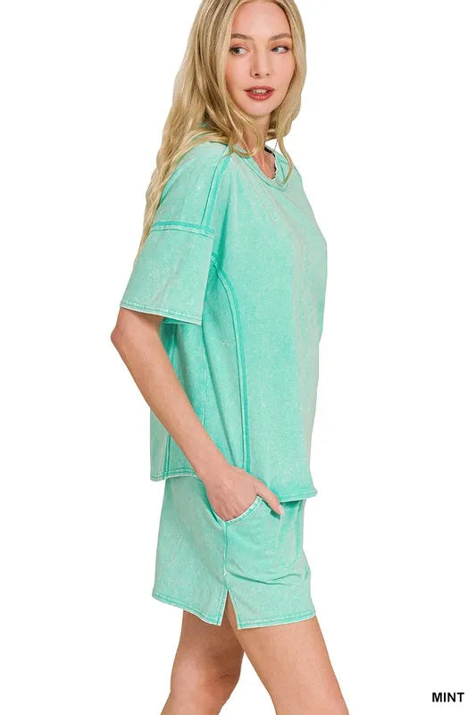 Zenana Acid Washed Short Sleeve Tee & Shorts Set
