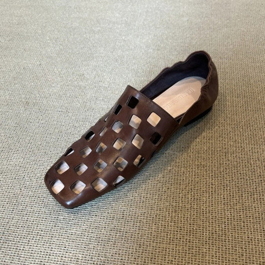 Women's Retro Square Toe Flat Loafers | Hollowed-Out Pleated Slip-On Shoes