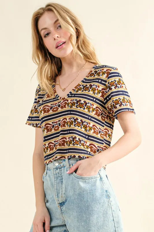 And The Why Printed V Neck Cropped T-Shirt