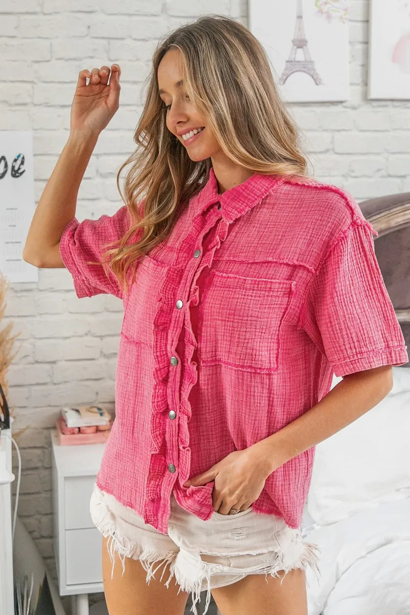BiBi Mineral Washed Wrinkle Gauze Raw Edge Shirt Top