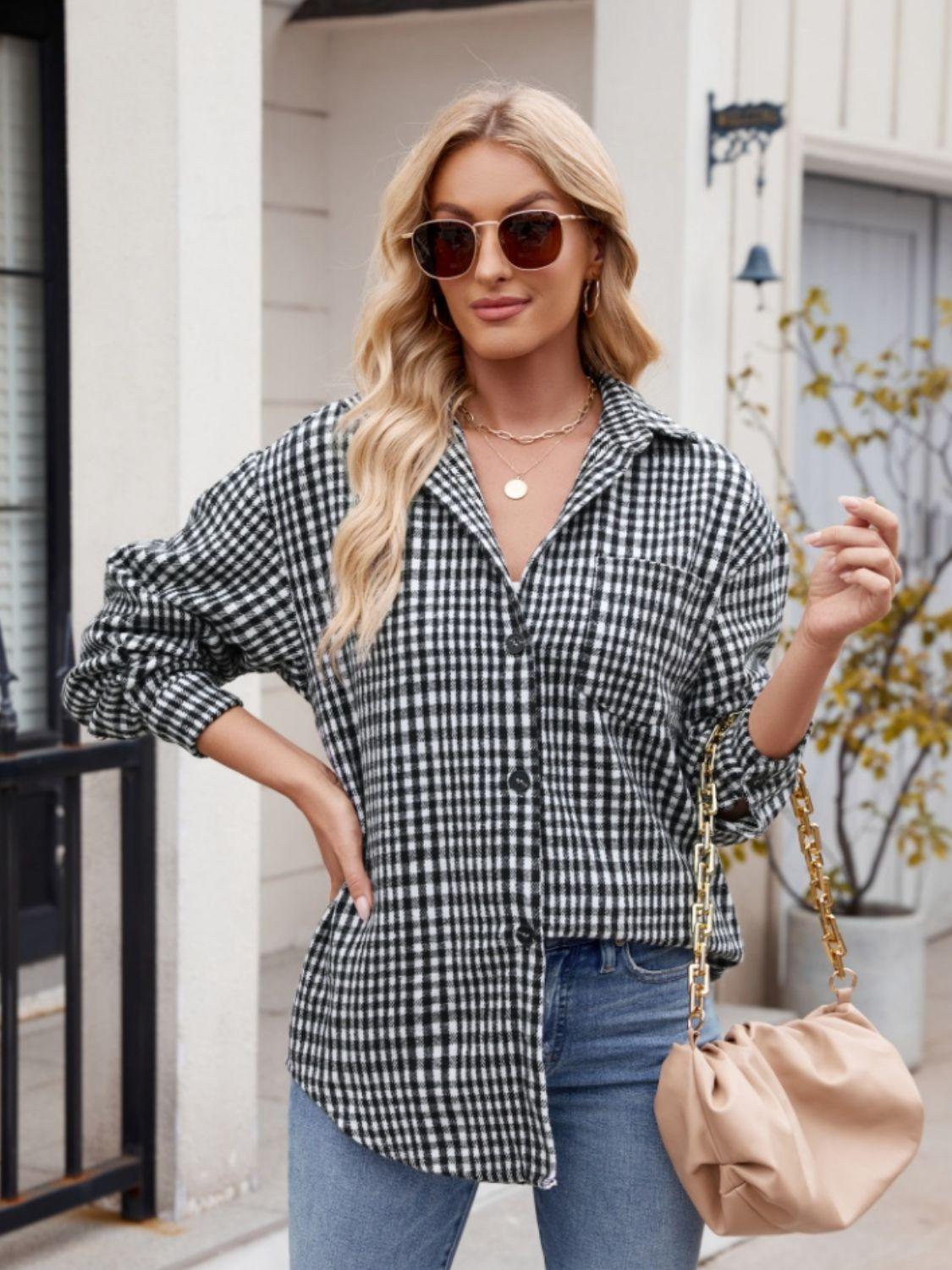 Mandy Pocketed Plaid Collared Neck Long Sleeve Shirt Black