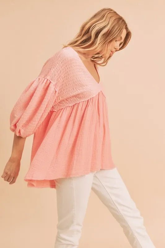 Aemi + Co High-Low Frayed Hem V-Neck Blouse