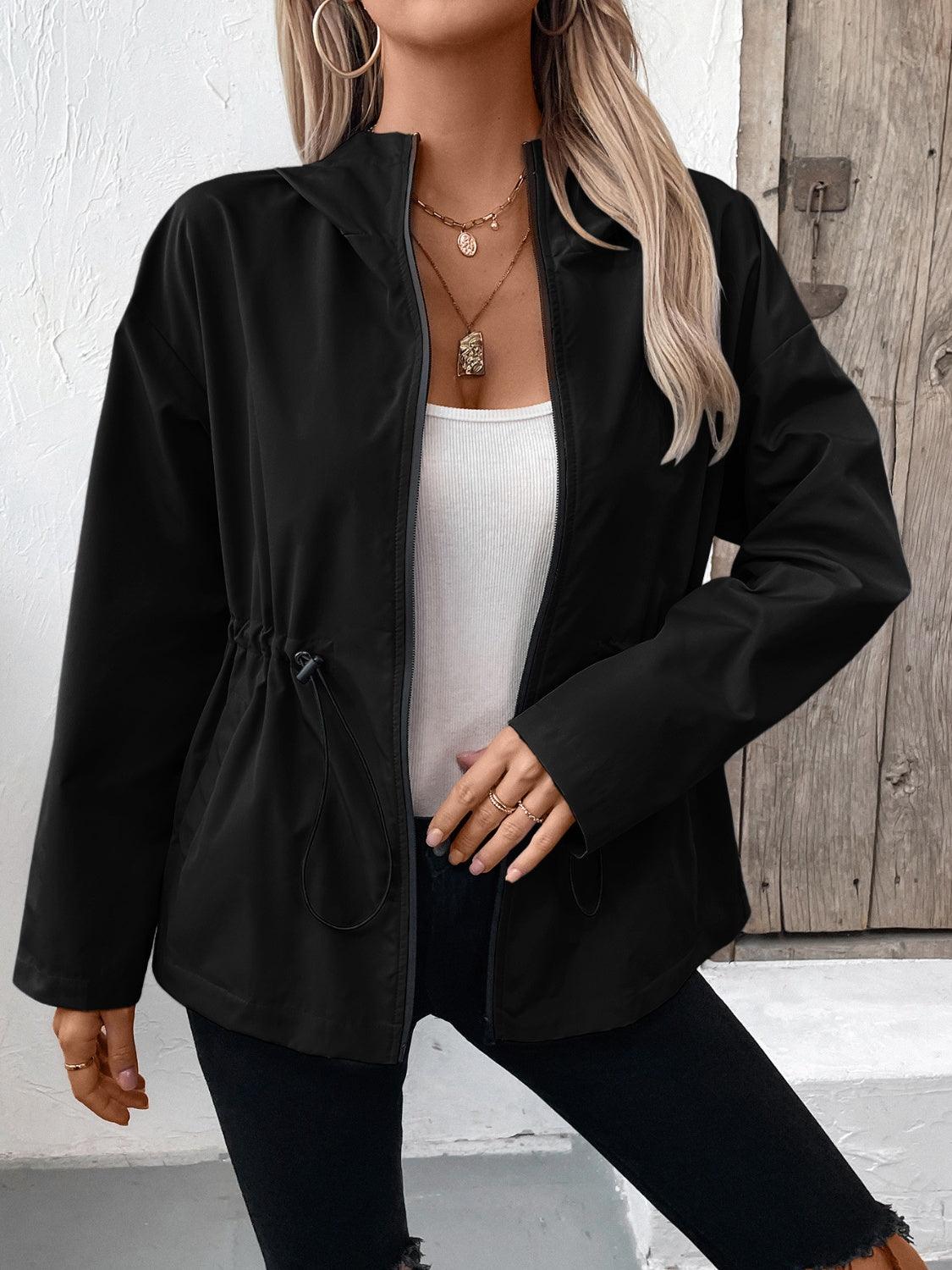 Ivy Lane Drawstring Zip Up Hooded Jacket Black