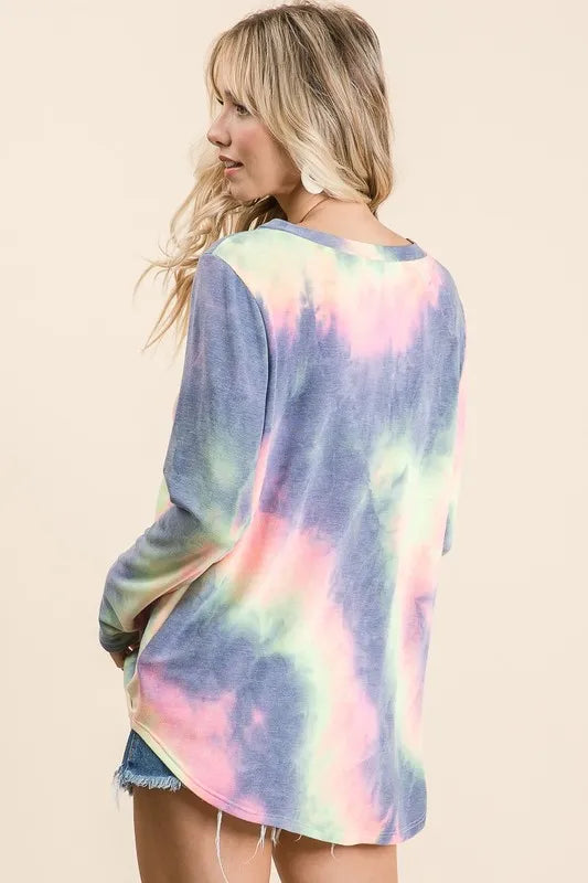 BiBi Tie Dye French Terry V-Neck Top with Strapped