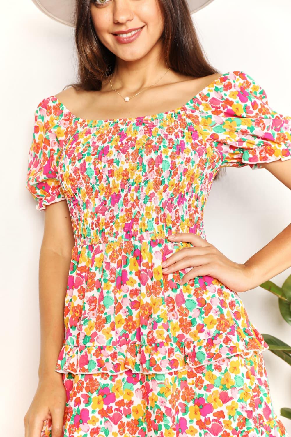 Double Take Smocked Sweetheart Mini Dress with Flounce Sleeves