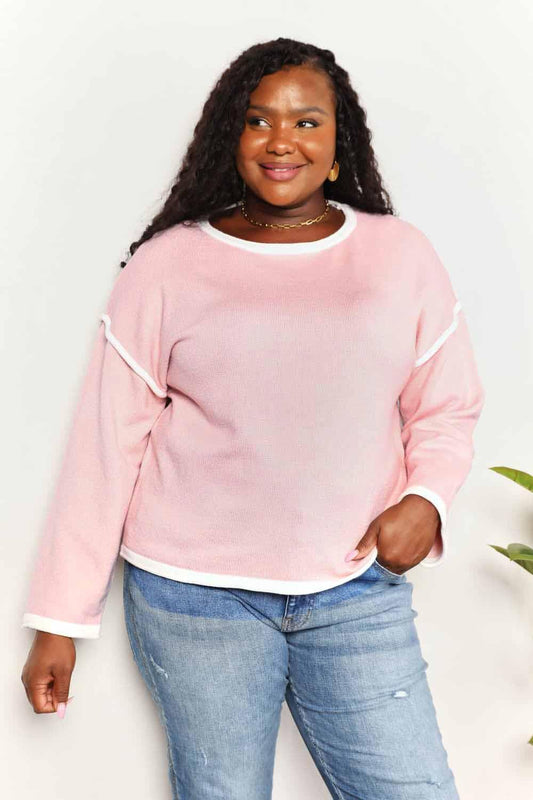 Angel Wings Contrast Detail Dropped Shoulder Knit Top Blush Pink